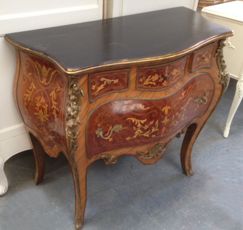 french marquetry inlaid 'bombe' style chest of drawers